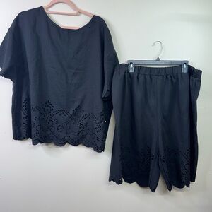 SHEIN Black Eyelet Scallop Hem Two-Piece Set